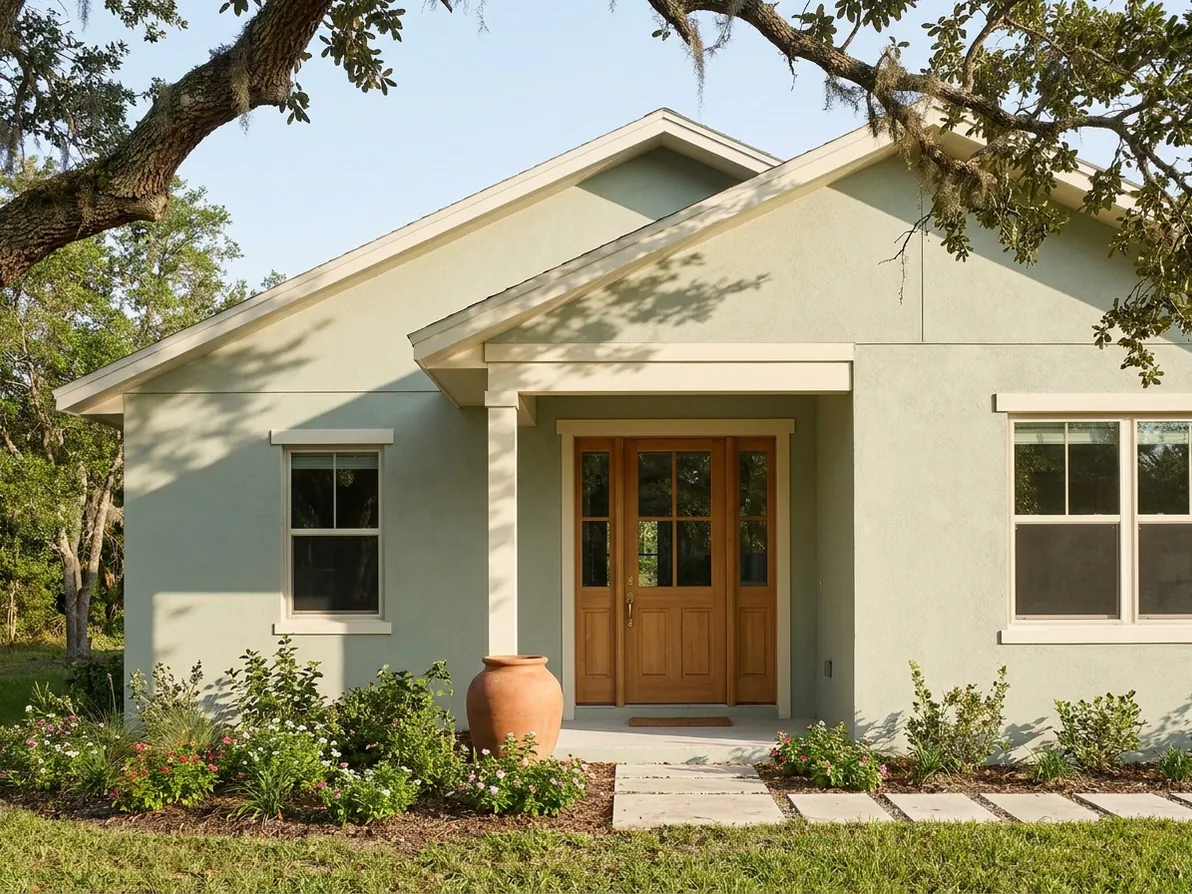 Pale-sage home with a wood door and flowering garden beds